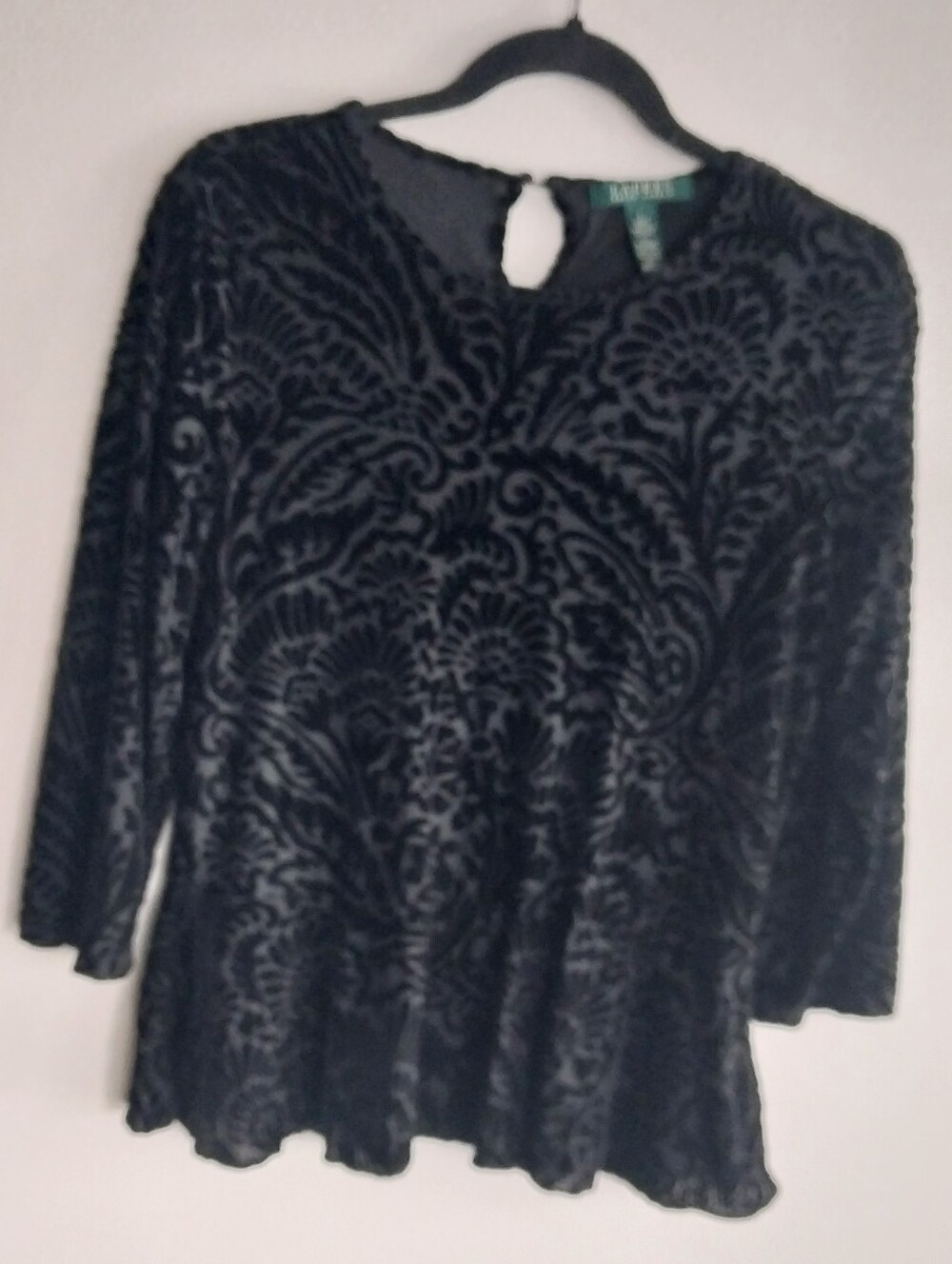 Lauren Ralph Lauren Black Damask Floral Velvet Burnout Peplum Waist Top